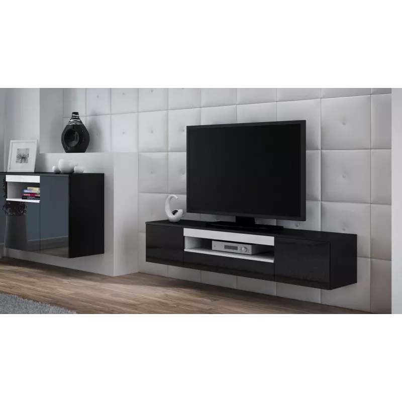 TV stovas cama meble VIVA 180 – 1800×400×370 mm, juodas viršus, juodas rėmas, balti akcentai