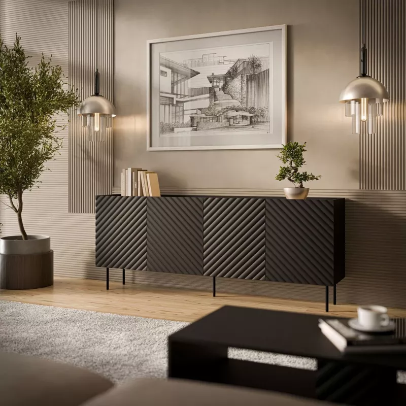 Komoda cama meble LUCCA 4D, 200×40×80 cm, juoda, medžio drožlių plokštės korpusas