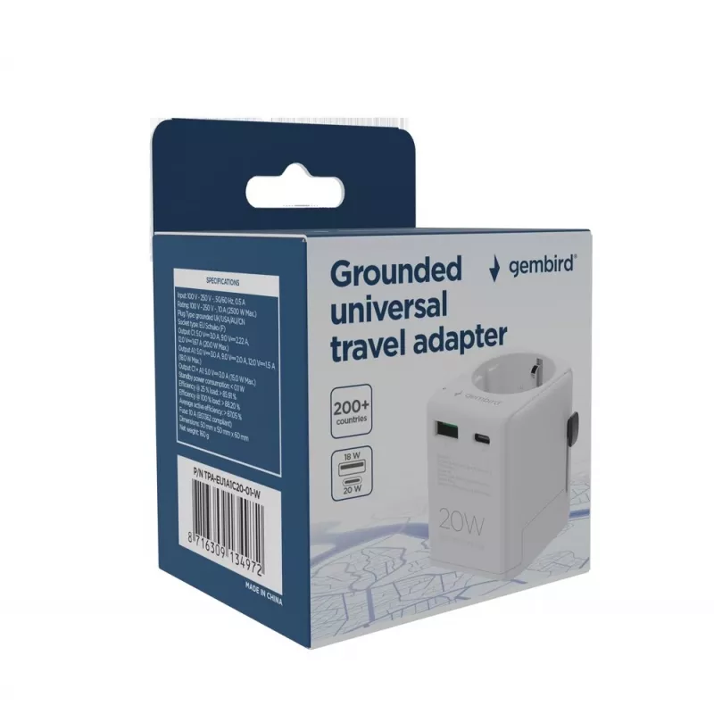 Kelioninis maitinimo adapteris GEMBIRD TPA-EU1A1C20-01-W 20W, USB-A 18W + USB-C 20W, Schuko kištukas, įėjimas 100–250V