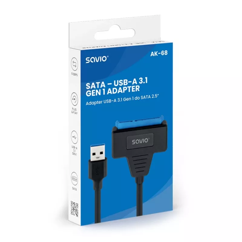 SAVIO SATA į USB 3.1 Gen 1 sąsajos laidas AK-68, SATA lizdas į USB-A kištuką, 5 Gbit/s, 0,25 m, juodas