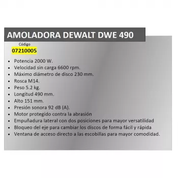 Kampinis šlifuoklis DeWALT DWR490 – 2200 W, 230 mm diskas, 6600 aps./min., 5,2 kg