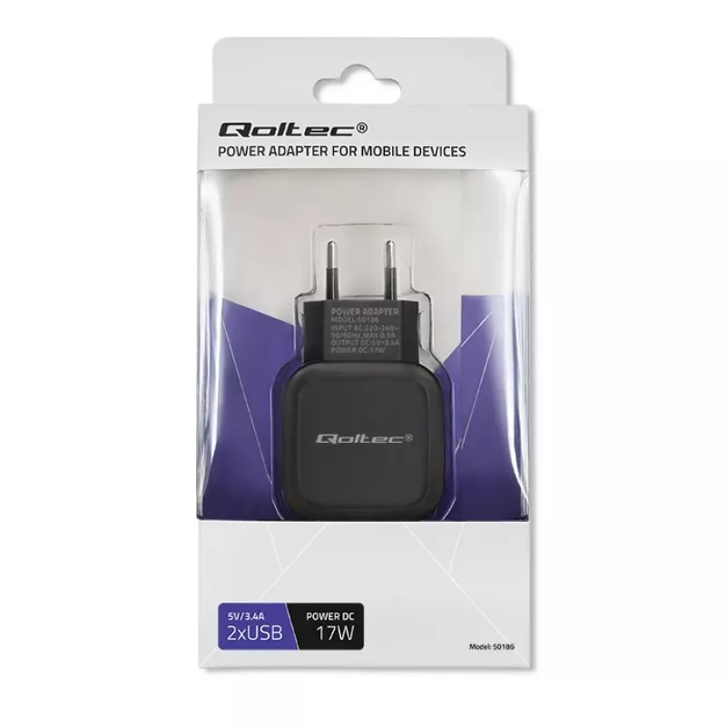 Vidinis AC įkroviklis QOLTEC 50186 išmaniajam telefonui ir planšetei, 5 V 3,4 A, 17 W, 2× USB, juodas