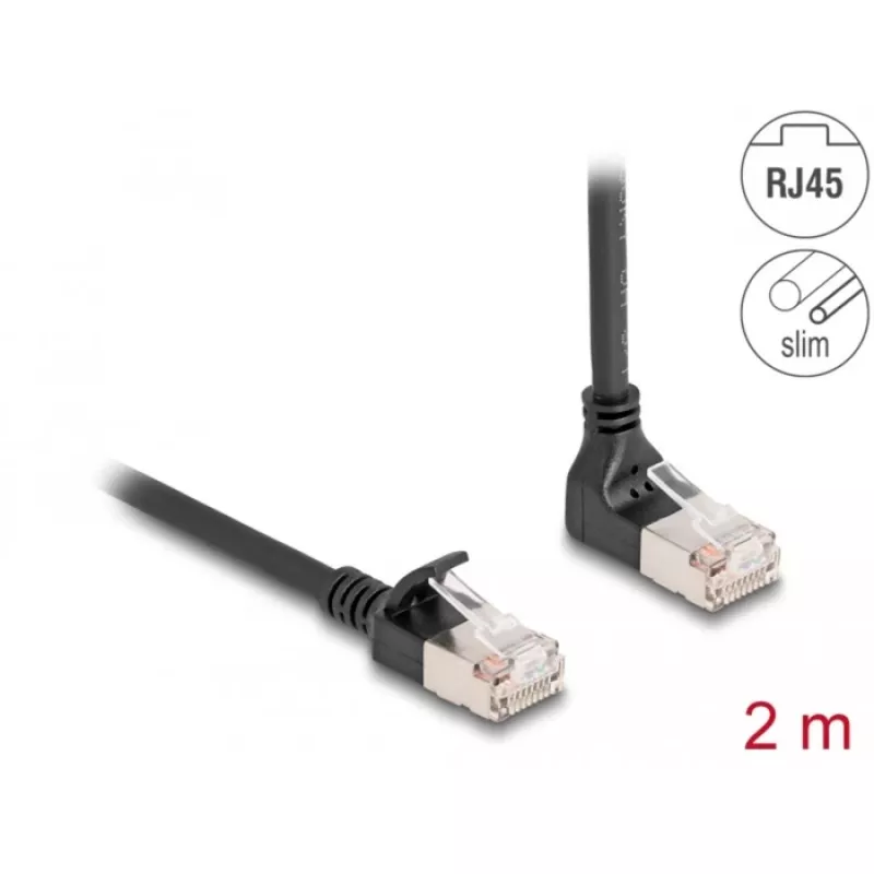 Delock tinklo kabelis RJ-45 (M) aukštyn lenktas į RJ-45 (M) tiesų – 2,0 m – 4,5 mm – S/FTP – CAT 6a – ekranuotas, be halogenų – juoda (80288)