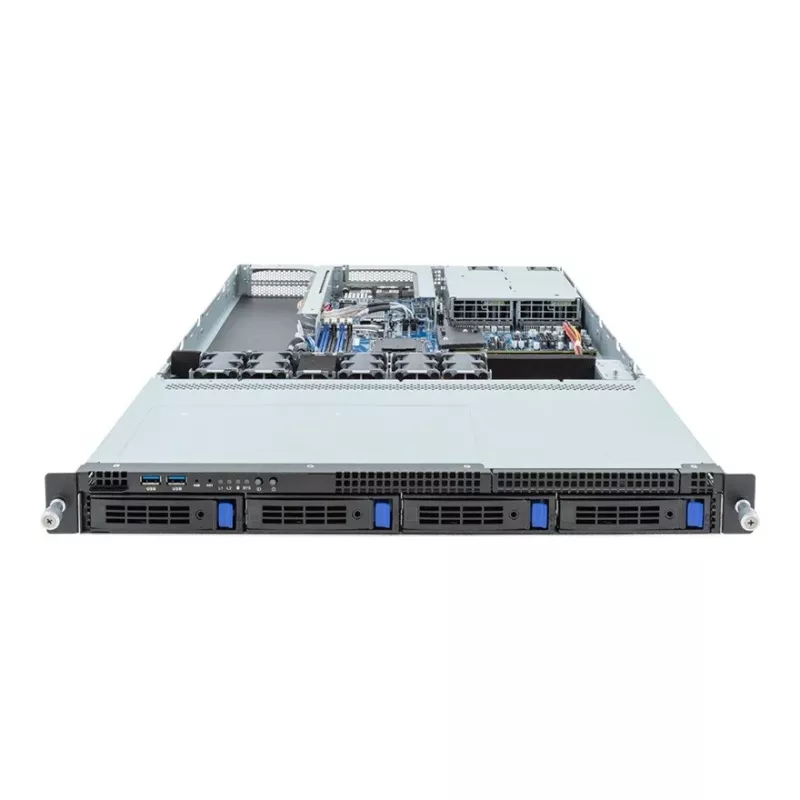 1U stovo serverio platforma GIGABYTE R133-C13-ACG1 – AMD B650E pagrindinė plokštė, lizdas AM5, 4x DDR5 UDIMM lizdai, 800 W perteklinis maitinimo šaltinis, 4x 2,5 colio/3,5 colio diskų vietos