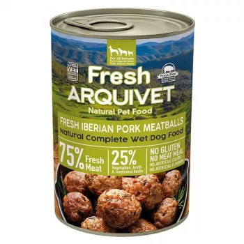 Šlapias šunų ėdalas ARQUIVET Fresh Iberian Pork Meatballs 400 g – pilnavertis konservuotas ėdalas, be grūdų, suaugusiems šunims