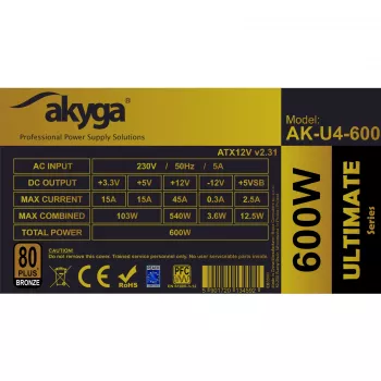 Akyga Ultimate AK-U4-600 ATX maitinimo blokas 600 W, 80 PLUS Bronze, aktyvus PFC, 120 mm ventiliatorius