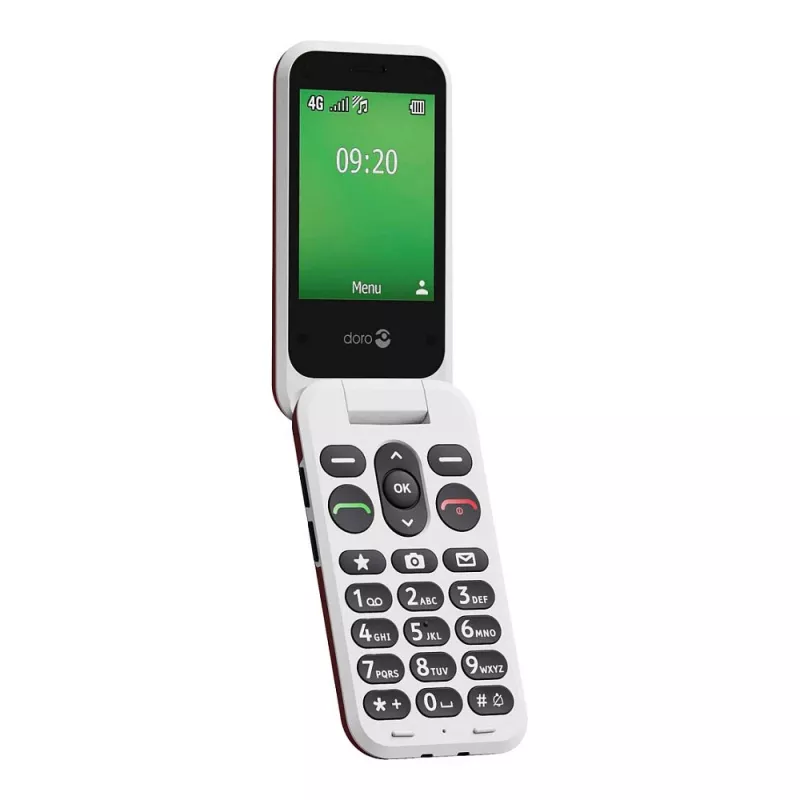 Sulankstomas telefonas Doro Leva E22, 2,8 colio (7,11 cm) ekranas, viena SIM, 0,3 MP kamera, 1150 mAh, 127,8 g, raudonai baltas