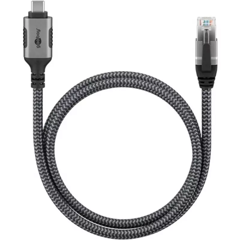 Ethernet kabelis USB-C 3.2 Gen2 kištukas > RJ-45 kištukas, LAN adapteris juodas/sidabrinis, 1,5 metro, pintas tekstilinis apvalkalas