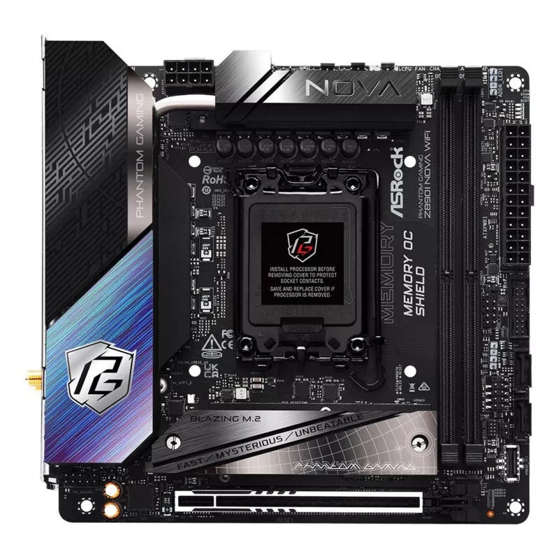Pagrindinė plokštė ASRock Phantom Gaming Z890I Nova WiFi — Intel Z890, LGA 1851, mini ITX, DDR5, 2x M.2, Wi‑Fi 6E/7, 5Gb LAN, Thunderbolt