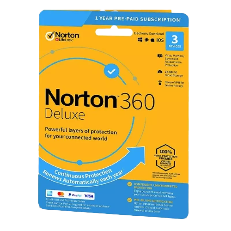 Norton 360 Deluxe | 3 įrenginiai | 1 metai | 25 GB debesies saugykla | ES