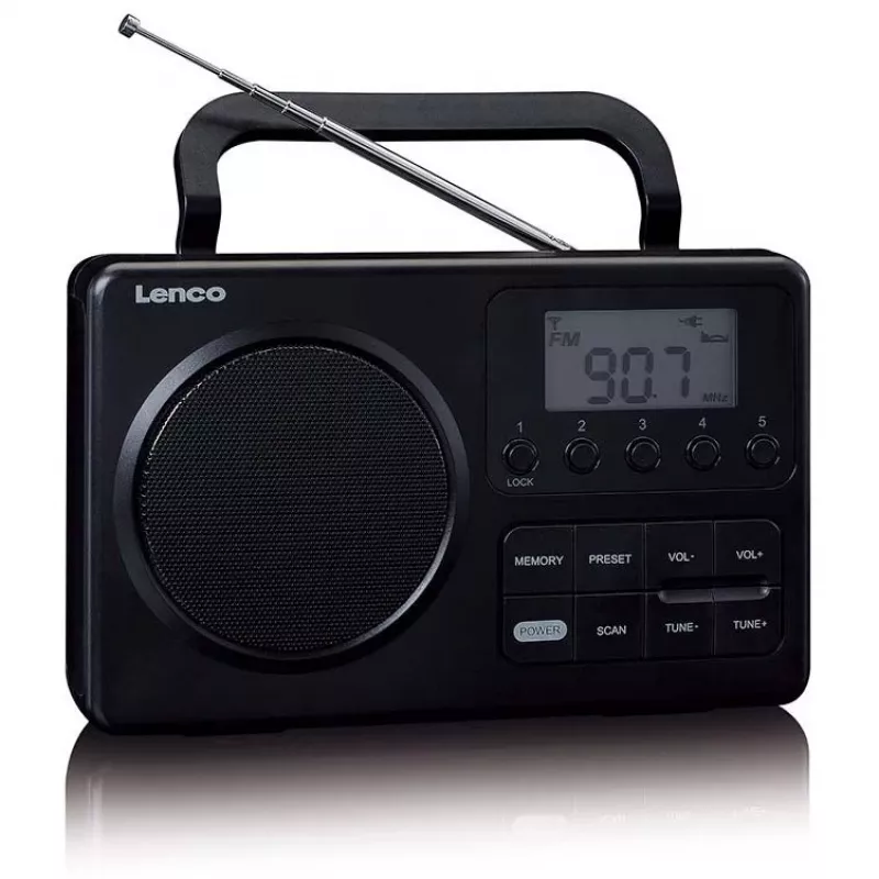 Nešiojamas radijas Lenco MPR-035BK – FM/AM, maitinimas iš tinklo arba baterijų, 2,5 colio LCD, 20 FM išankstinių nustatymų, 3,5 mm išėjimas