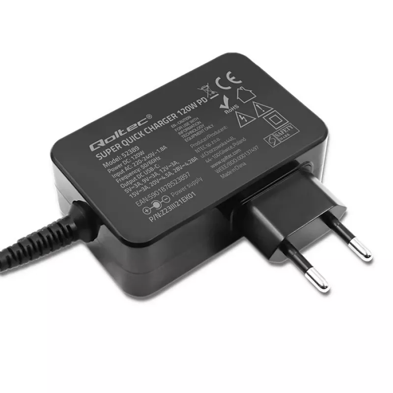 Qoltec PD 120W Turbo Greitasis Įkroviklis | 5-28V | 3-4.5A | USB-C | Juodas