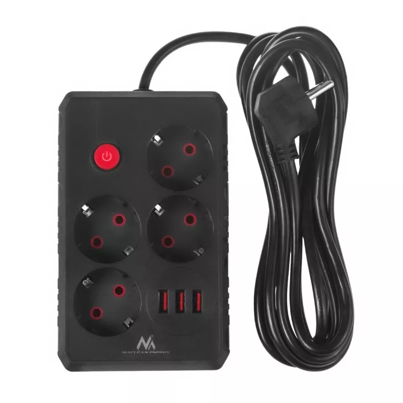 Ilgintuvas MACLEAN MCE393 B – 4 kištukiniai lizdai, 3×USB, 110–240V, 2500W, 3 m laidas, juodas