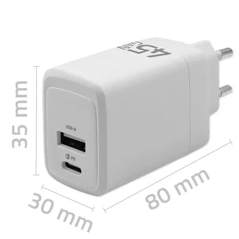 Qoltec GaN 45W įkroviklis 5V 20V 1.5A 3A, 1xUSB C PD, 1xUSB A
