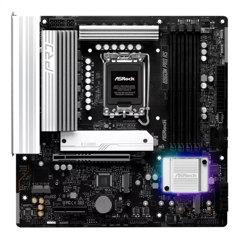 Pagrindinė plokštė ASROCK B860M Pro RS — Intel B860, LGA 1851, micro ATX, DDR5, 4× DIMM, 2.5Gb LAN, 1×PCIe5 x16