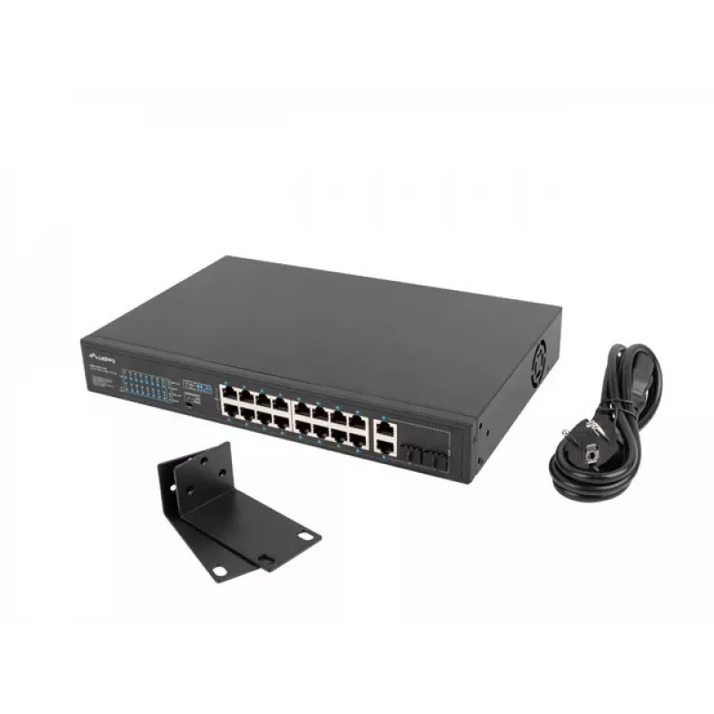 Nevaldomas jungiklis LANBERG RSFE-16P-2C-250 — 18 prievadų Gigabit, 16x PoE+ (30W), 2x SFP, 250W, 1U, metalinis, montuojamas į stelažą