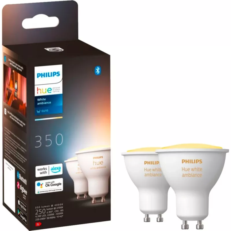 LED GU10 lempa dviejų rinkinys su Hue tiltu – Philips Hue White Ambiance, pakeičia 35W