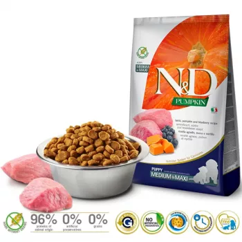 FARMINA N&D GF PUMPKIN DOG ĖRIENA IR MĖLYNĖS ŠUNIUKAMS VIDUTINĖS/STAMBIAUS VEISLĖS 12kg