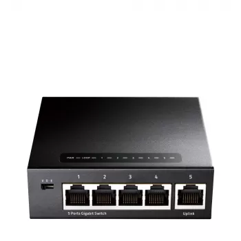 Tinklo jungiklis Cudy GS105 – 5 prievadų Gigabit Ethernet (10/100/1000), juodos spalvos, su 5 V DC maitinimo šaltiniu