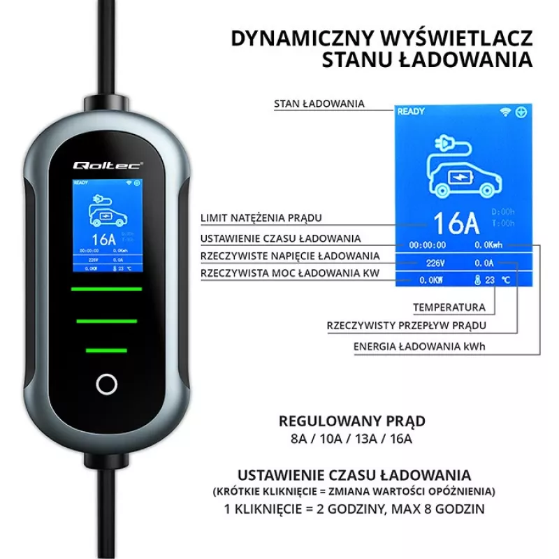 Nešiojamas elektromobilio kroviklis QOLTEC Mobile EV 2in1 Type2 11 kW 400 V Wi‑Fi TUYA SMART LIFE LCD sieninis 5 m kabelis