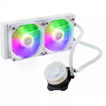 Skysčio aušinimo komplektas Cooler Master MasterLiquid 240L Core ARGB White — 240 mm radiatorius, 120 mm ventiliatoriai, palaiko LGA1700/AM5/AM4 ir senesnius lizdus