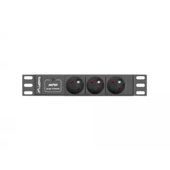 Maitinimo skirstytuvas LANBERG PDU-03E-0200-BK — 1U, 3x E tipo lizdai, 220–250 V, 16 A, 2 m laidas, juodas