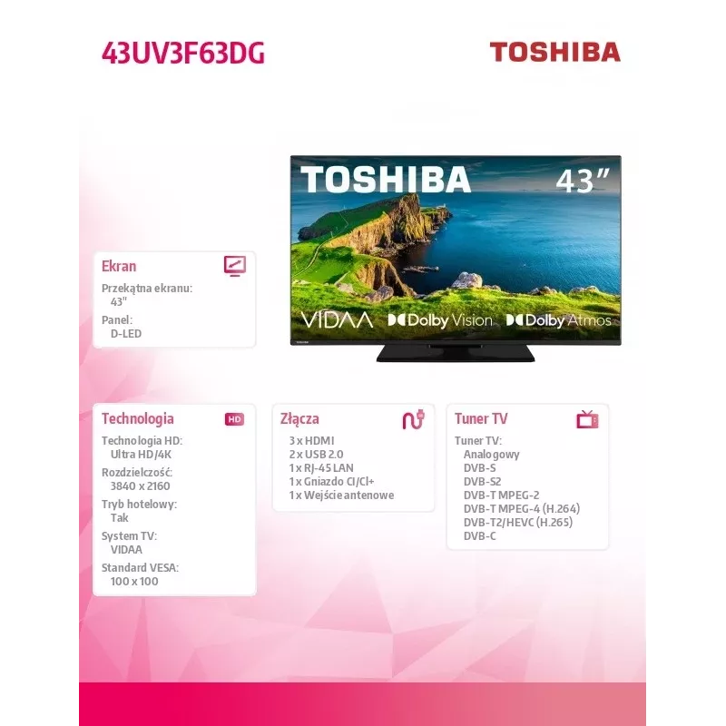 Toshiba 43UV3F63DG 43 colių LED televizorius su 4K raiška