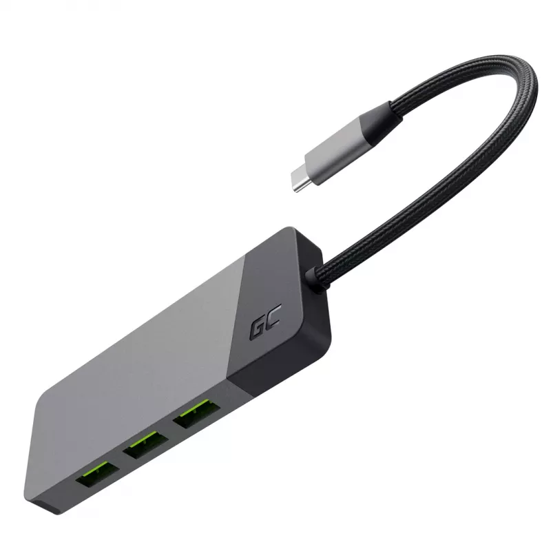 USB Type-C centrinis įrenginys Green Cell HUBGC01 — 7 prievadai: 3×USB-A 3.2 Gen 1, 1×USB-C 3.2 Gen 1, HDMI, microSD+SD kortelių skaitytuvas — sidabrinis