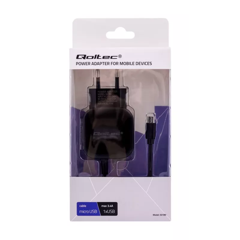 Qoltec 50189 vidinis įkroviklis, 17 W, USB 2.0, 1 m laidas