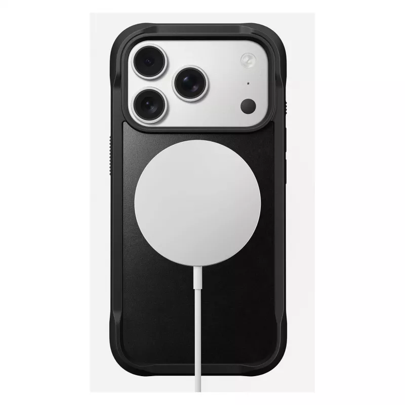 Dėklas telefonui Nomad Rugged Leather Case, skirtas Apple iPhone 17 Pro, oda/TPU/PC/aliuminis, tinka 16 cm (6,3 colio) ekranams, juodos spalvos