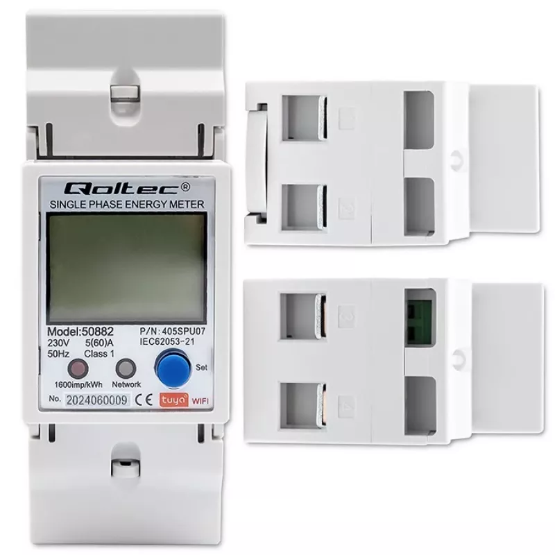 Qoltec 50882 Vienfazis elektroninis elektros energijos skaitiklis DIN bėgiui | Wi-Fi | TUYA | 230V | LCD