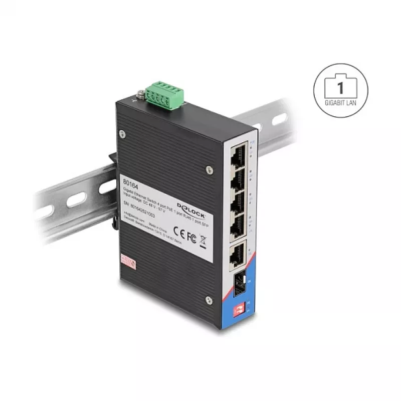 Tinklo jungiklis DELOCK 80164 4 prievadų Gigabit PoE su 1 RJ45 kylančiosios linijos prievadu