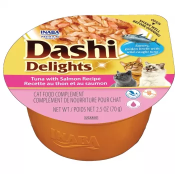 Šlapias kačių ėdalas INABA Dashi Delights Tunas su lašiša, 70 g, papildomas ėdalas, 90% drėgmės, be glitimo ir sojos