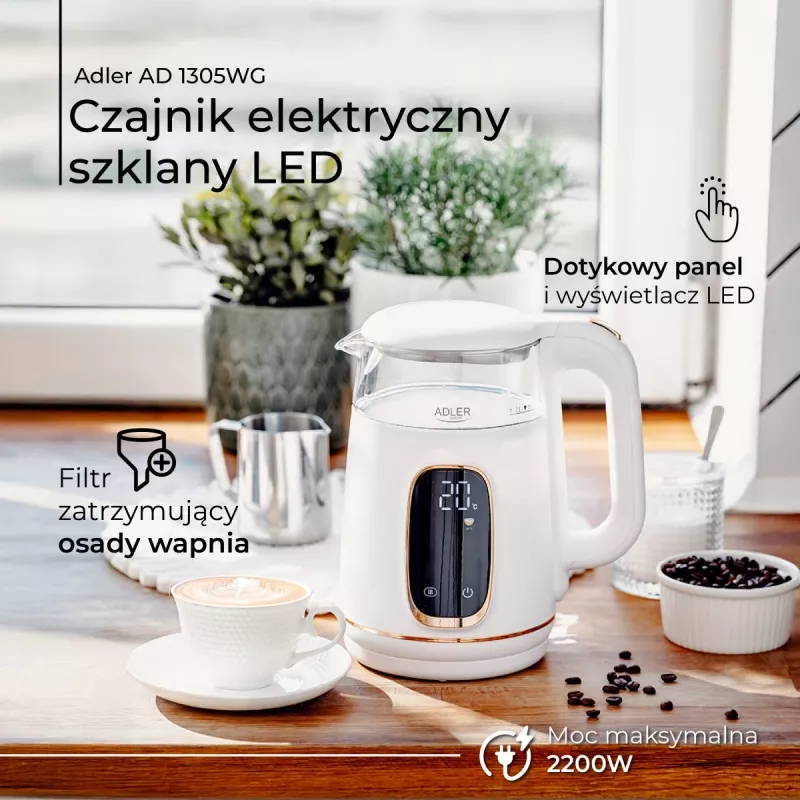Elektrinis virdulys Adler AD 1305WG – 1,7 l, 2200 W, stiklas/plastikas, baltas/auksinis/permatomas