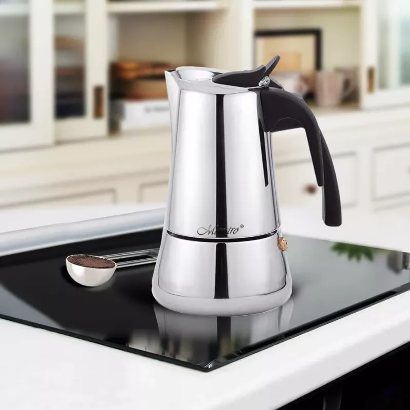 Moka puodas Maestro MR-1660 0,2 L nerūdijančio plieno kavos virimo aparatas ant viryklės, 4 puodeliams, juoda rankena