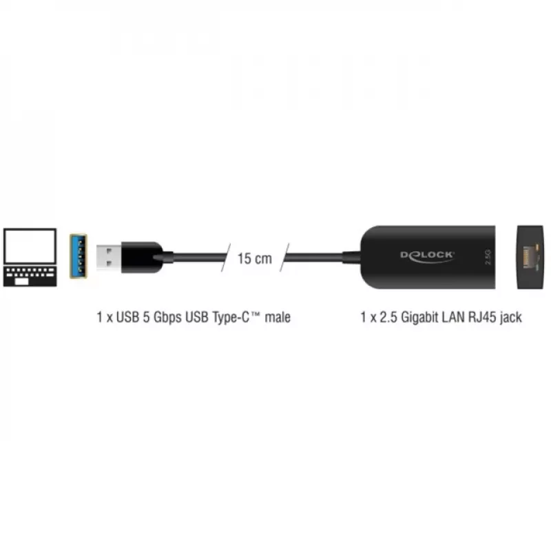 DeLOCK 66045 USB 5 Gbps Type-A į 2.5 Gigabit LAN RJ45 adapteris, 0,15 m, juodas