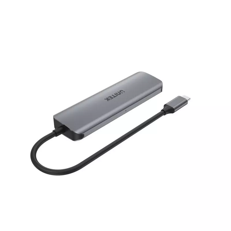 USB šakotuvas Unitek P5+ — 5 prievadų (4 × USB 3.2 Gen 2 Type-A), USB 3.2 Gen 1 pagrindinis, 5 Gbit/s, 10 W PD, aliuminis, pilka