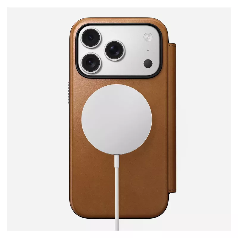 Dėklas folio Nomad Modern Leather Folio, skirtas iPhone 17 Pro, oda + aliuminis, 6,3 colio (16 cm), Tan, 3 kortelių kišenės