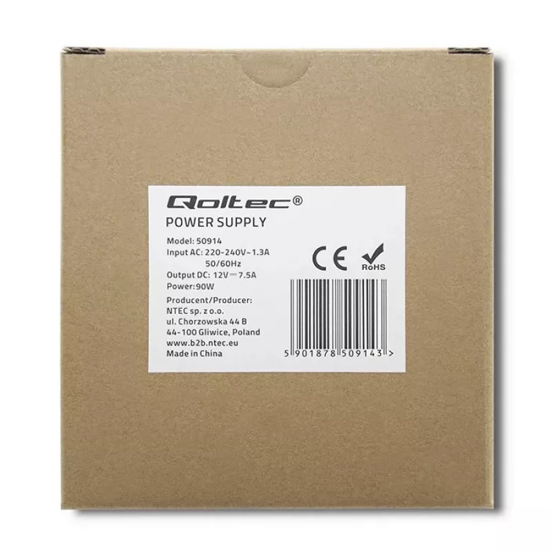 Qoltec 50914 maitinimo šaltinis DIN bėgiui | 90W | 12V | 7,5A | Baltas | Plonas