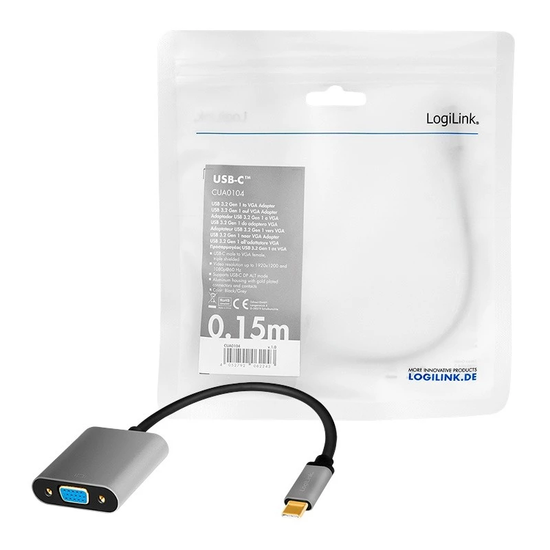 USB Type-C į VGA (D-Sub) vaizdo adapterio kabelis LOGILINK CUA0104 0,15 m, pilkai juodas
