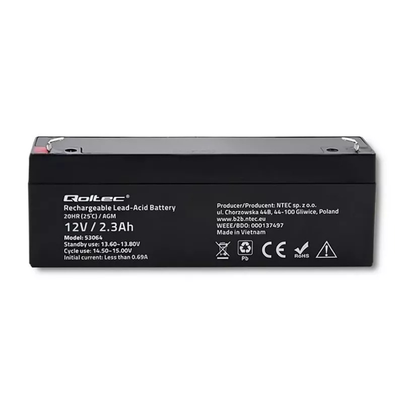 Sandari AGM baterija QOLTEC 12V 2,3Ah UPS ir atsarginėms sistemoms, maks. iškrova 34,5A