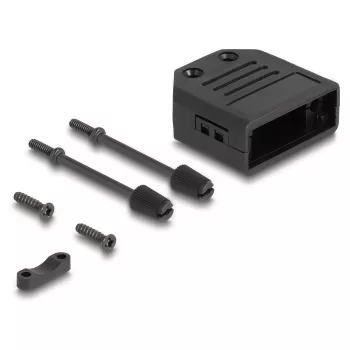 D-Sub korpusas DELOCK 9 kontaktų vyriškam/moteriškam jungtukui, plastikinis su kabelio įtempimo apsauga, 33,3×33,8×14,8 mm, juodas