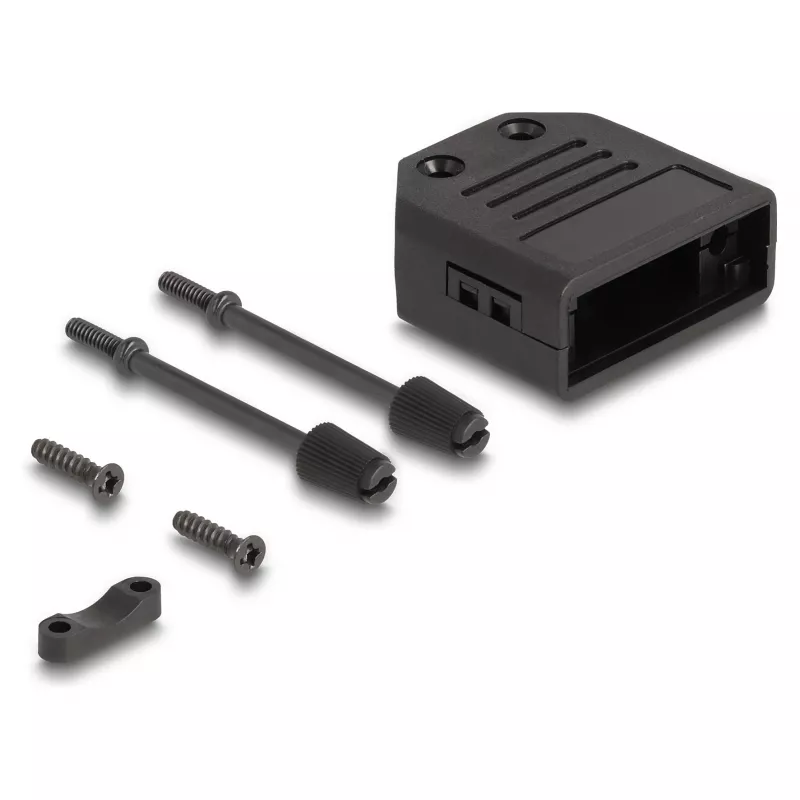 D-Sub korpusas DELOCK 9 kontaktų vyriškam/moteriškam jungtukui, plastikinis su kabelio įtempimo apsauga, 33,3×33,8×14,8 mm, juodas