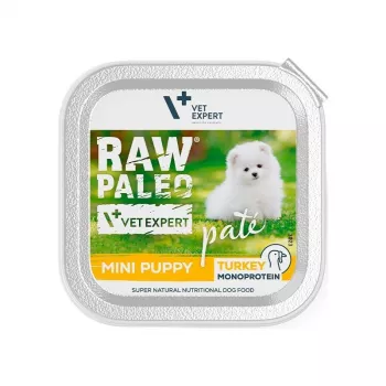 Šlapias šunų ėdalas VETEXPERT RAW PALEO Pate Mini Turkey 150 g – jauniklių formulė mažoms veislėms, be grūdų ir sojos