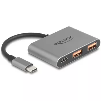 USB šakotuvas DELOCK 64337 — USB 3.2 Gen 2 Type-C, 3 prievadai (Type-C + 2× Type-A), 10 Gbit/s, pilkas, metalinis korpusas