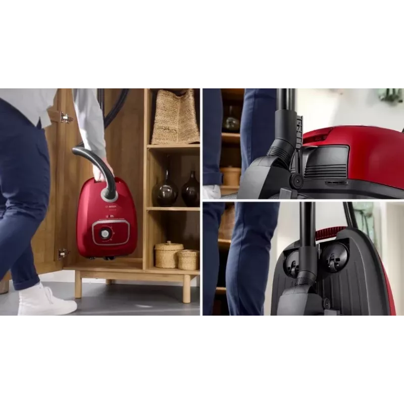 Siurblys Bosch BGB 41RD3H — 600 W, 4 L dulkių maišas, HEPA filtras, 11 m spindulys, teleskopinis vamzdis, raudonas