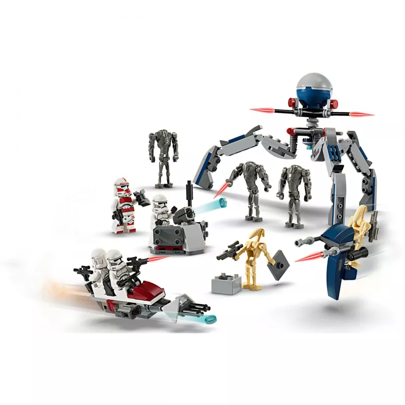 LEGO Star Wars Clone Trooper & Battle Droid Battle Pack – žaislų rinkinys su greičio dviračiu, 4 minifigūrėlėmis ir 5 figūrėlėmis, dovana berniukams