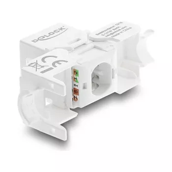 Keystone modulis DELOCK RJ45 į LSA Cat.6 UTP be įrankių su dulkių dangteliu, plokščias, 16×31,8×19,4 mm, baltas/juodas