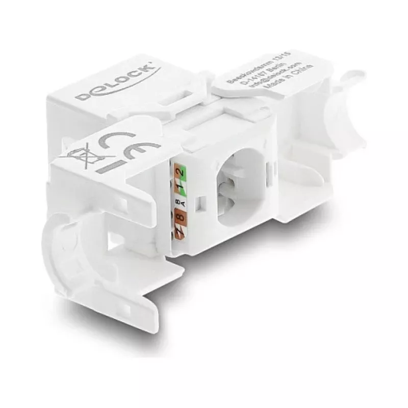 Keystone modulis DELOCK RJ45 į LSA Cat.6 UTP be įrankių su dulkių dangteliu, plokščias, 16×31,8×19,4 mm, baltas/juodas