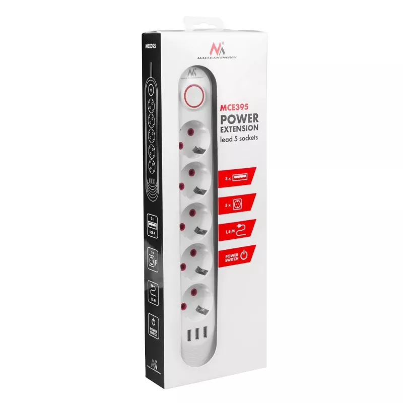 Maitinimo blokas MACLEAN MCE395 W – 5 lizdai, 3× USB A, 110–240 V AC, 2,1 A USB, max 2500 W, baltas, 1,5 m laidas